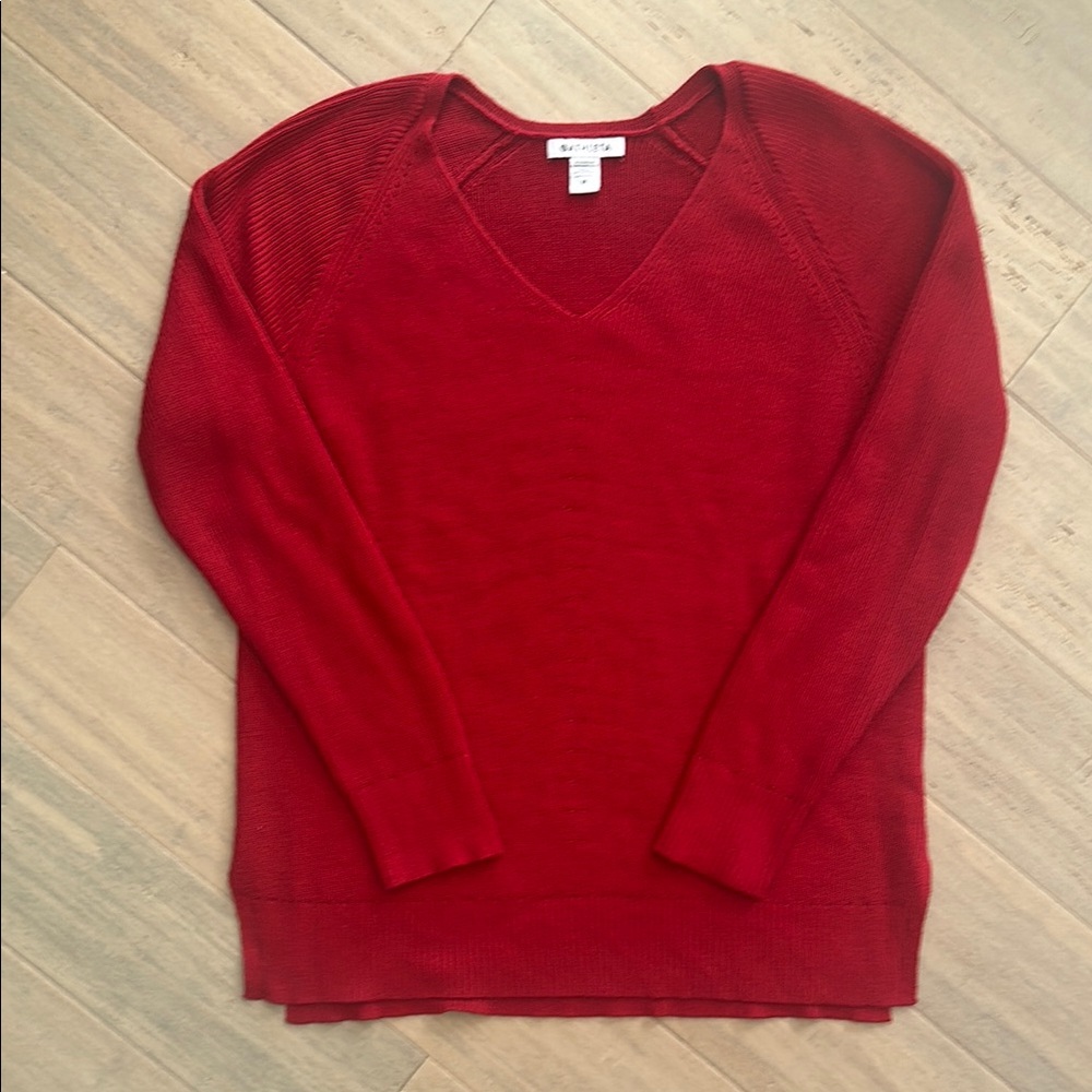 Athleta Red V-Neck Wool Blend Sweater with Classic Ribbed Details